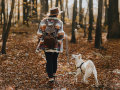 Une femme en train de se promener en forêt avec son chien pendant l'automne.